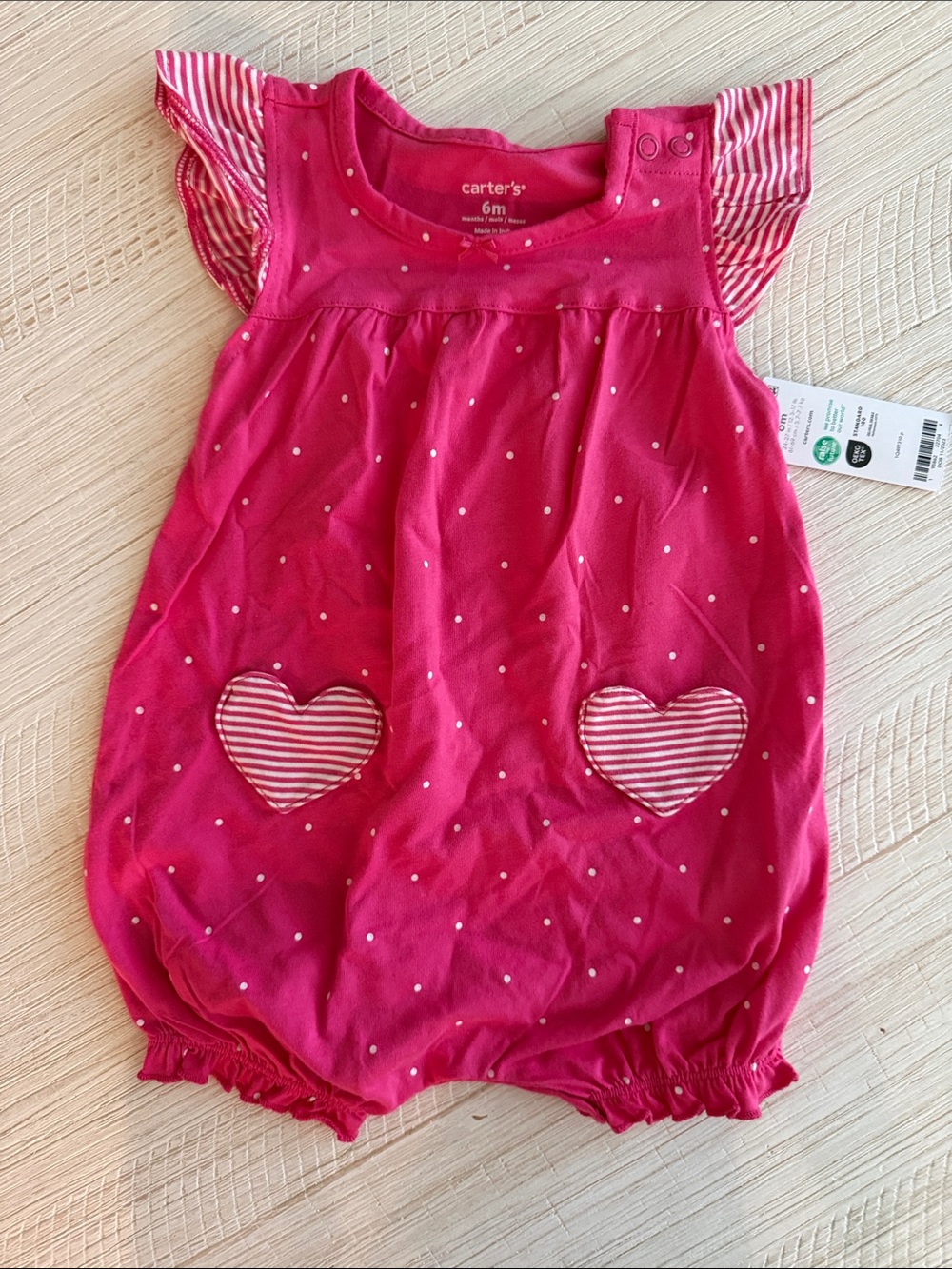 Carter's Fuchsia Polka Dot Heart Romper with Striped Accents, size 6 months